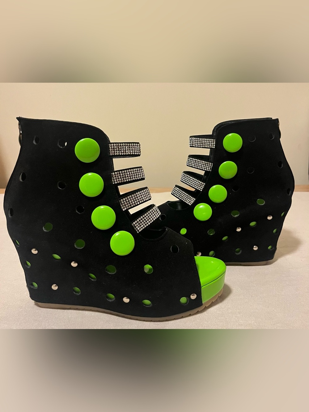 Black Wedge Sandals with Neon Green Accents Size 10/10.5